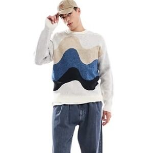 ASOS DESIGN Mens Abstract Wave Knit Sweater Cream Blue Black Size Small